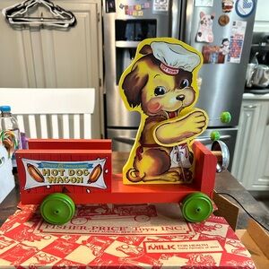 Fisher-Price Hot Dog Wagon Pull Toy With Red Box 2001 No. 75001 Made In U.S.A.